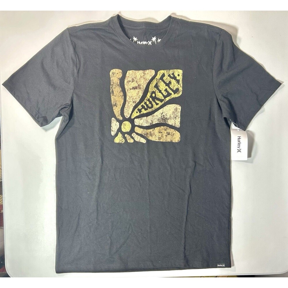 NWT Hurley M Distressed Sunflower Surf Beach Black Shirt